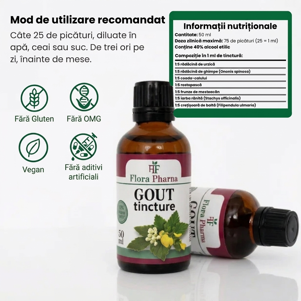 Gută – tinctură 50 ml - accelerează excreția acidului uric